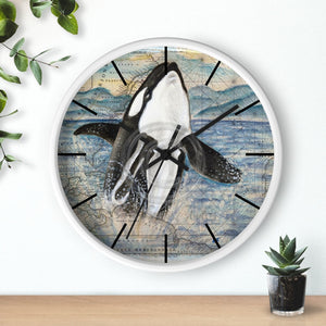 Breaching Orca Whale Vintage Map Art Wall Clock White / Black 10 Home Decor