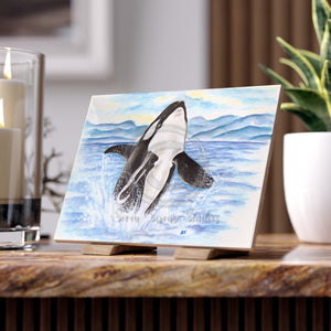 Breaching Orca Whale Watercolor Art Ceramic Photo Tile 6 × 8 / Glossy Home Decor