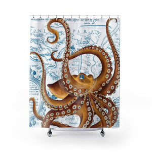 Brown Octopus Vintage Map White Shower Curtain 71X74 Home Decor
