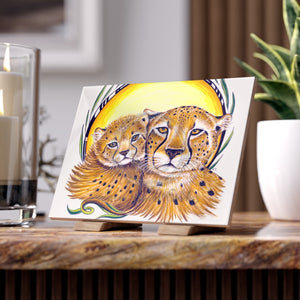 Cheetah Mom And The Cub Ink Art Ceramic Photo Tile 6 × 8 / Glossy Home Decor