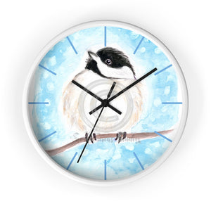 Chickadee Cute Bird Sky Blue Watercolor Art Wall Clock White / Black 10 Home Decor