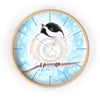 Chickadee Cute Bird Sky Blue Watercolor Art Wall Clock Wooden / White 10 Home Decor