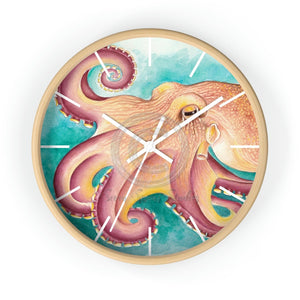 Coconut Octopus Teal Art Watercolor Wall Clock Wooden / White 10 Home Decor