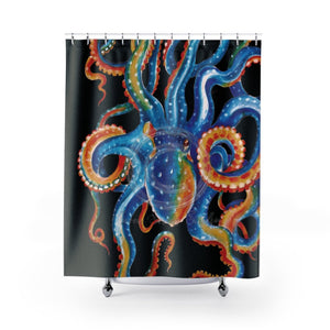 Colorful Blue Octopus Tentacles Watercolor Art Black Shower Curtains 71X74 Home Decor