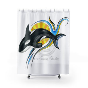 Cute Baby Orca Whale Colorful Ink Art Shower Curtain 71 × 74 Home Decor