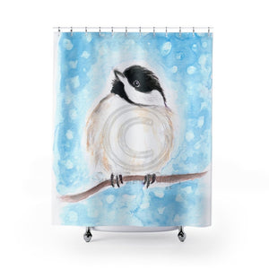 Cute Chickadee Bird Blue Watercolor Art Shower Curtain 71 × 74 Home Decor