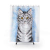 Cute Silver Tabby Cat Snow Watercolor Art Shower Curtain 71 × 74 Home Decor