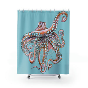 Dancing Octopus Teal Blue Art Shower Curtain 71 × 74 Home Decor