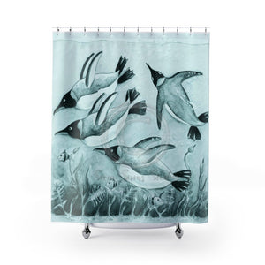 Emperors Penguins Swimming Underwater Teal Watercolor Shower Curtain 71 X 74 Home Decor