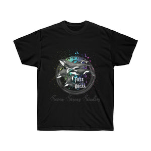 Free Orca Whales Pod Splash Watercolor Dark Unisex Ultra Cotton Tee Black / S T-Shirt