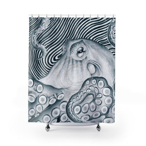 Funky Octopus Watercolor Bluish Ink Shower Curtain 71 × 74 Home Decor