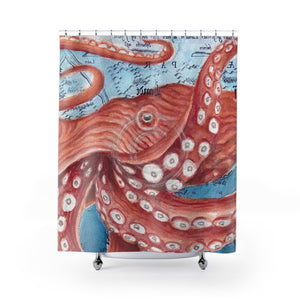 Giant Pacific Red Octopus Tentacles Watercolor Vintage Map Ii Shower Curtain 71 × 74 Home Decor