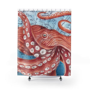 Giant Pacific Red Octopus Tentacles Watercolor Vintage Map Shower Curtain 71 × 74 Home Decor
