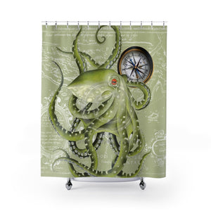 Green Octopus Compass Nautical Watercolor Art Shower Curtains 71 X 74 Home Decor