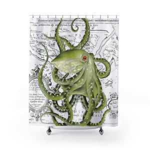 Green Octopus Map Nautical Watercolor Art Shower Curtains 71 X 74 Home Decor