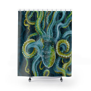 Green Octopus Vintage Flowers Bluish Art Shower Curtain 71 × 74 Home Decor