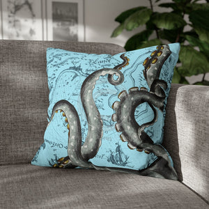 Grey Octopus Kraken Vintage Map Blue Art Spun Polyester Square Pillow Case 20 × Home Decor
