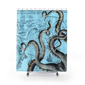 Grey Tentacles Vintage Map Blue Shower Curtain 71 × 74 Home Decor