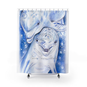 Happy Cute Dolphins Blue Watercolor Art Shower Curtain 71 × 74 Home Decor