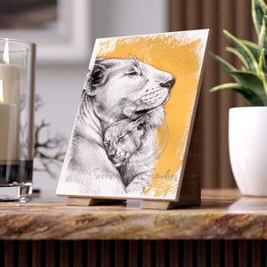 Lioness Mother And The Cub Pencil Ink Art Ceramic Photo Tile 6 × 8 / Glossy Home Decor