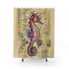 Magenta Seahorse Vintage Map Beige Watercolor Art Shower Curtain 71 × 74 Home Decor