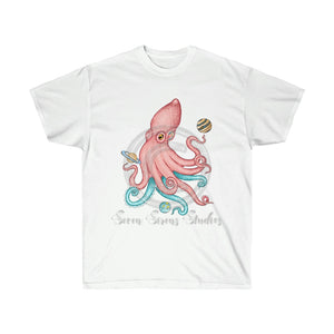 Octopus And Planets Salmon Teal Ink Art Unisex Ultra Cotton Tee White / S T-Shirt