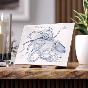Octopus Blue Dance Ink On White Art Ceramic Photo Tile 6 × 8 / Glossy Home Decor