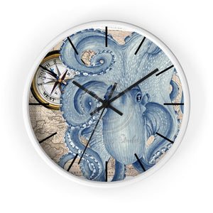 Octopus Compass Vintage Map Nautical Blue Watercolor Art Wall Clock White / Black 10 Home Decor