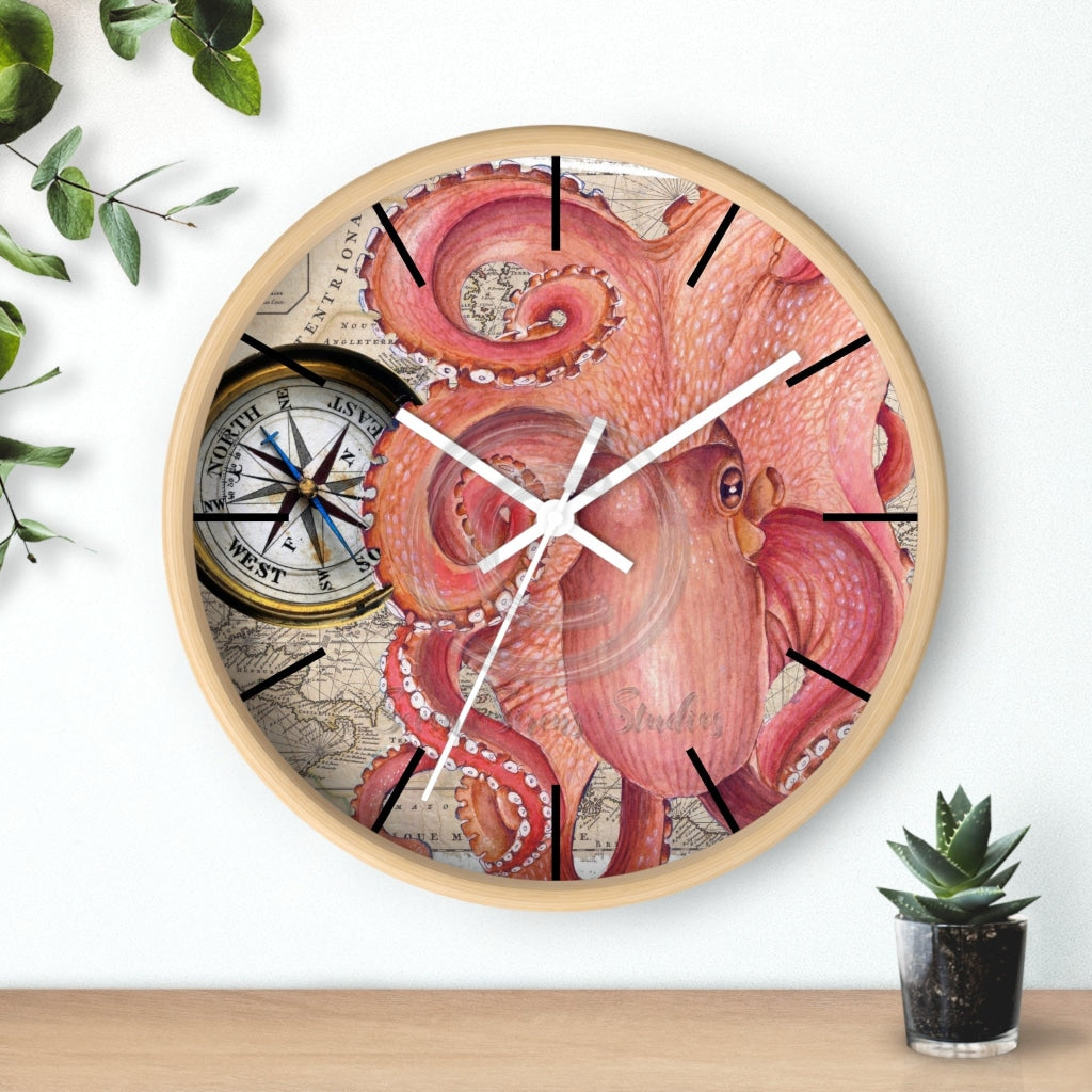 Octopus Compass Vintage Map Nautical Red Watercolor Art Wall clock ...