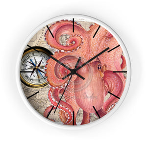 Octopus Compass Vintage Map Nautical Red Watercolor Art Wall Clock White / Black 10 Home Decor