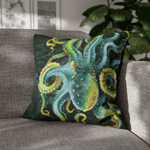 Octopus Green Vintage Map Dark Watercolor Art Spun Polyester Square Pillow Case 20 × Home Decor