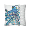 Octopus Kraken Blue White Ink Art Spun Polyester Square Pillow Case Home Decor