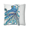 Octopus Kraken Blue White Ink Art Spun Polyester Square Pillow Case Home Decor