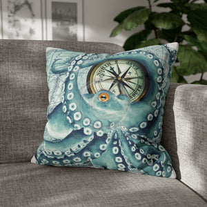 Octopus Kraken Teal Vintage Map Watercolor Ink Art Spun Polyester Square Pillow Case 20 × Home Decor