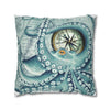 Octopus Kraken Teal Vintage Map Watercolor Ink Art Spun Polyester Square Pillow Case Home Decor