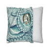 Octopus Kraken Teal Vintage Map Watercolor Ink Art Spun Polyester Square Pillow Case Home Decor