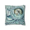 Octopus Kraken Teal Vintage Map Watercolor Ink Art Spun Polyester Square Pillow Case Home Decor