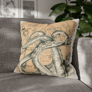 Octopus Kraken Tentacles Beige Map Ink Art Spun Polyester Square Pillow Case 20 × Home Decor