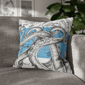 Octopus Kraken Tentacles Blue White Map Ink Art Spun Polyester Square Pillow Case 20 × Home Decor