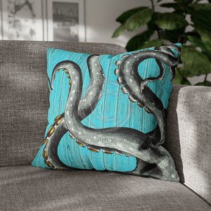 Octopus Kraken Tentacles Grey Teal Wood Ink Art Spun Polyester Square Pillow Case 20 × Home Decor