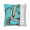 Octopus Kraken Tentacles Grey Teal Wood Ink Art Spun Polyester Square Pillow Case Home Decor