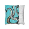 Octopus Kraken Tentacles Grey Teal Wood Ink Art Spun Polyester Square Pillow Case Home Decor