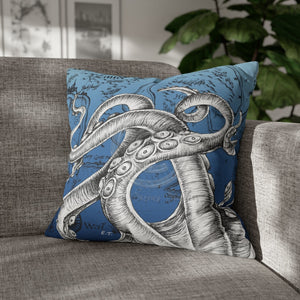 Octopus Kraken Tentacles Ink Blue Vintage Map Art Spun Polyester Square Pillow Case 20 × Home Decor