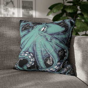 Octopus Kraken Tentacles Teal Black Map Ink Art Spun Polyester Square Pillow Case 20 × Home Decor