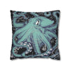 Octopus Kraken Tentacles Teal Black Map Ink Art Spun Polyester Square Pillow Case Home Decor