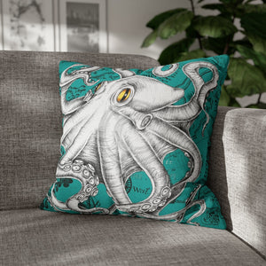 Octopus Kraken Tentacles White Teal Map Ink Art Spun Polyester Square Pillow Case 20 × Home Decor