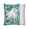 Octopus Kraken Tentacles White Teal Map Ink Art Spun Polyester Square Pillow Case Home Decor