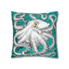 Octopus Kraken Tentacles White Teal Map Ink Art Spun Polyester Square Pillow Case Home Decor