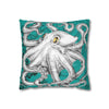 Octopus Kraken Tentacles White Teal Map Ink Art Spun Polyester Square Pillow Case Home Decor