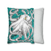 Octopus Kraken Tentacles White Teal Map Ink Art Spun Polyester Square Pillow Case Home Decor